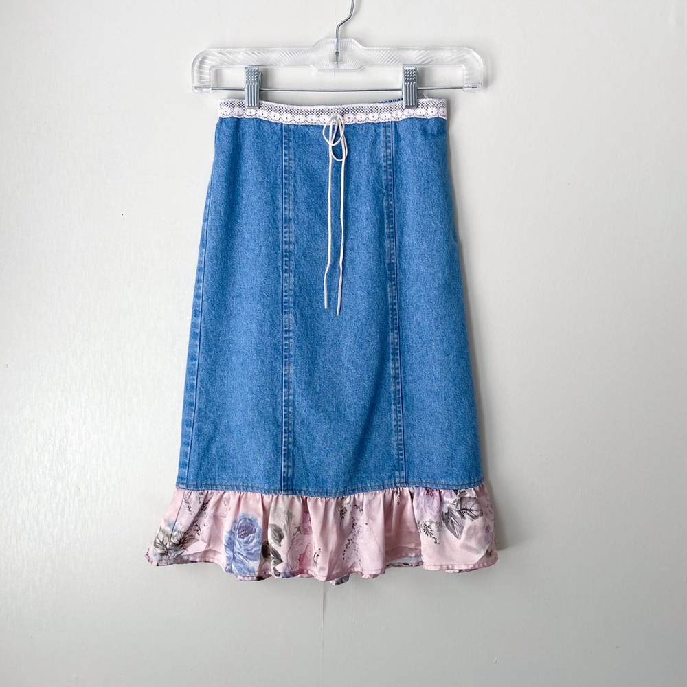 Vintage Y2K Floral Ruffle Hem Denim Midi Skirt Girls 8/10